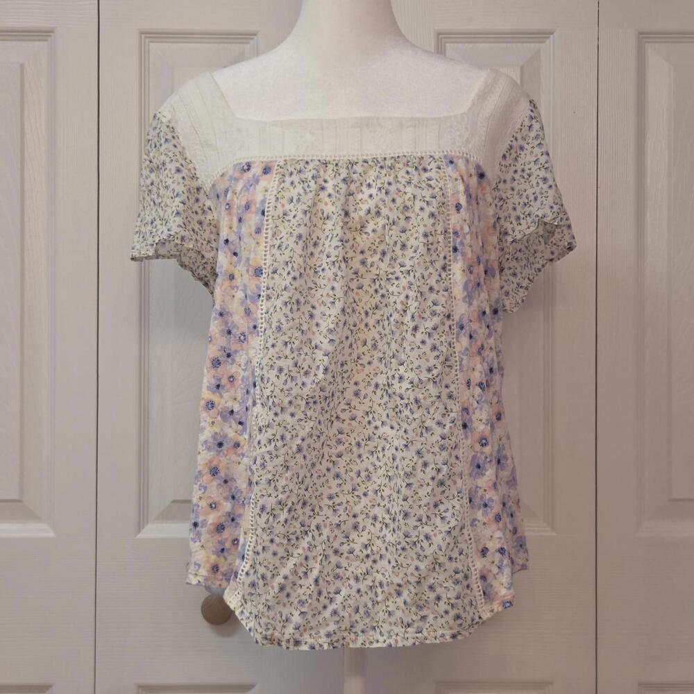 Cream Lace Lilac Purple Floral Blouse Rewind Size M/L Retro Cottagecore Prairie